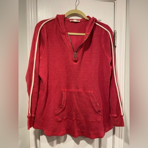 Ruff Hewn Size 1X Red Waffle Knit Quarter Zip Long Sleeve Hooded Sweatshirt - Picture 1 of 9
